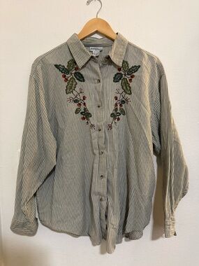 Embroidered Green Stripe Button-Down Shirt
